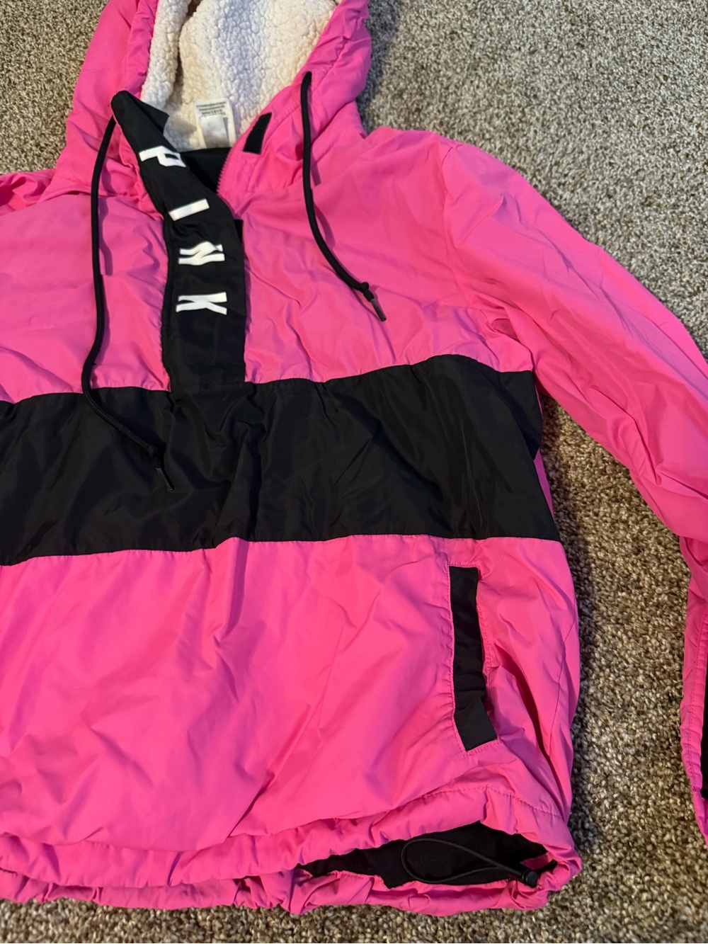 PINK Victoria's Secret Pink and Black Hooded Puffer Jacket - Picture 4 of 5